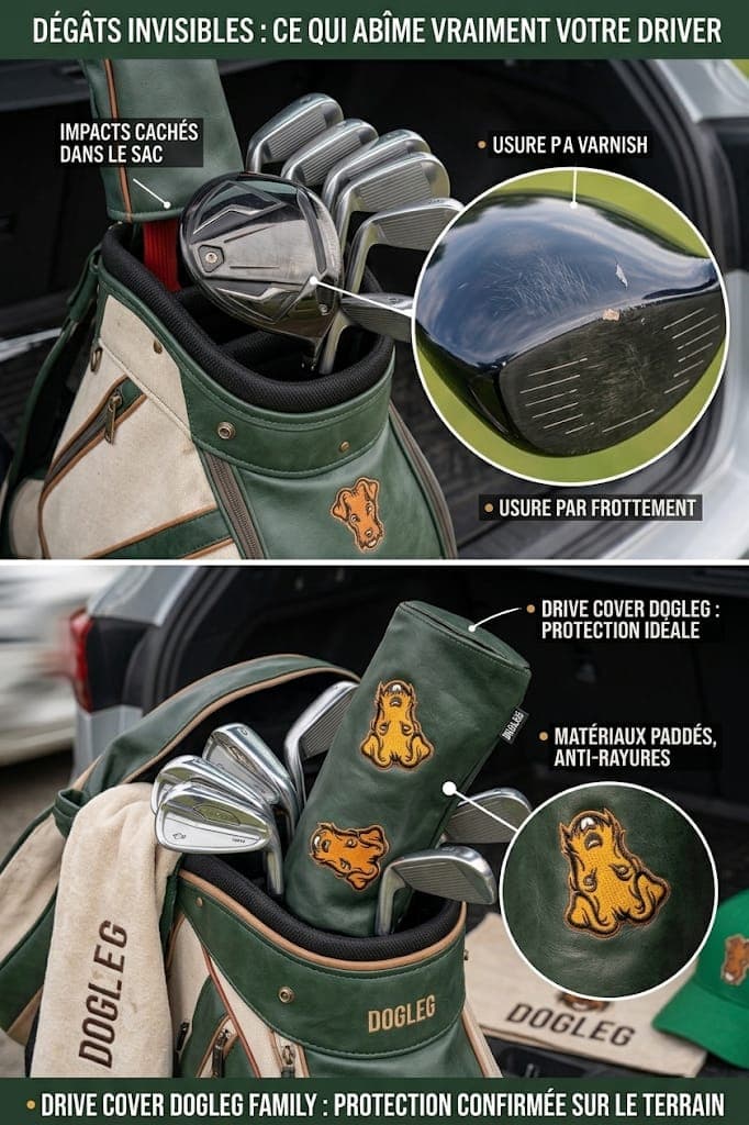 Infografica: i danni invisibili che un driver subisce nella sacca — impatti e usura della vernice sulla corona — e il Drive cover Dogleg, una custodia imbottita antigraffio sulla testa