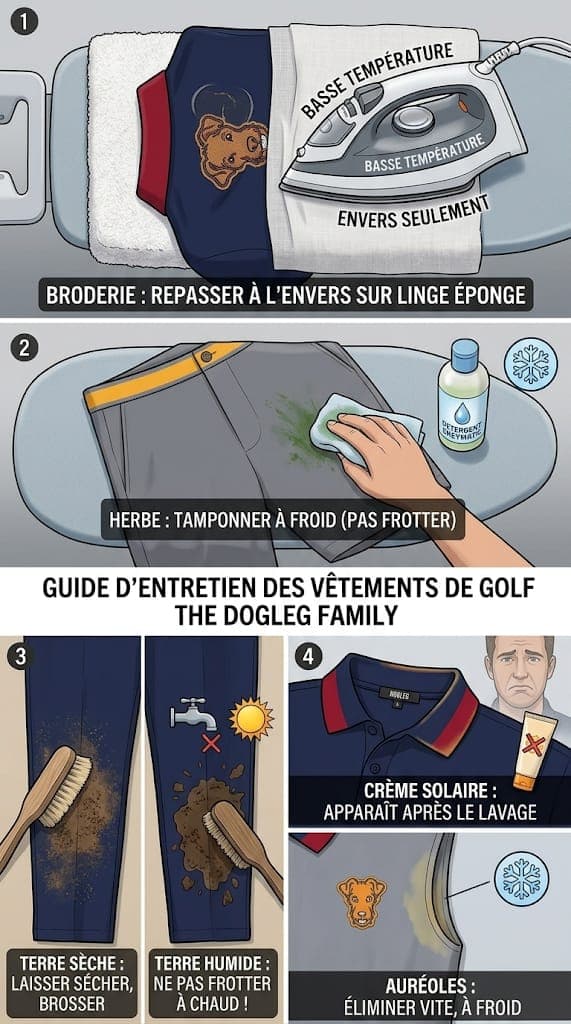 Dogleg-Pflegeinfografik: Stickerei auf links über einem Frotteetuch bügeln, Grasflecken kalt abtupfen statt reiben, Erde trocknen lassen und dann ausbürsten, Sonnencremespuren kalt behandeln
