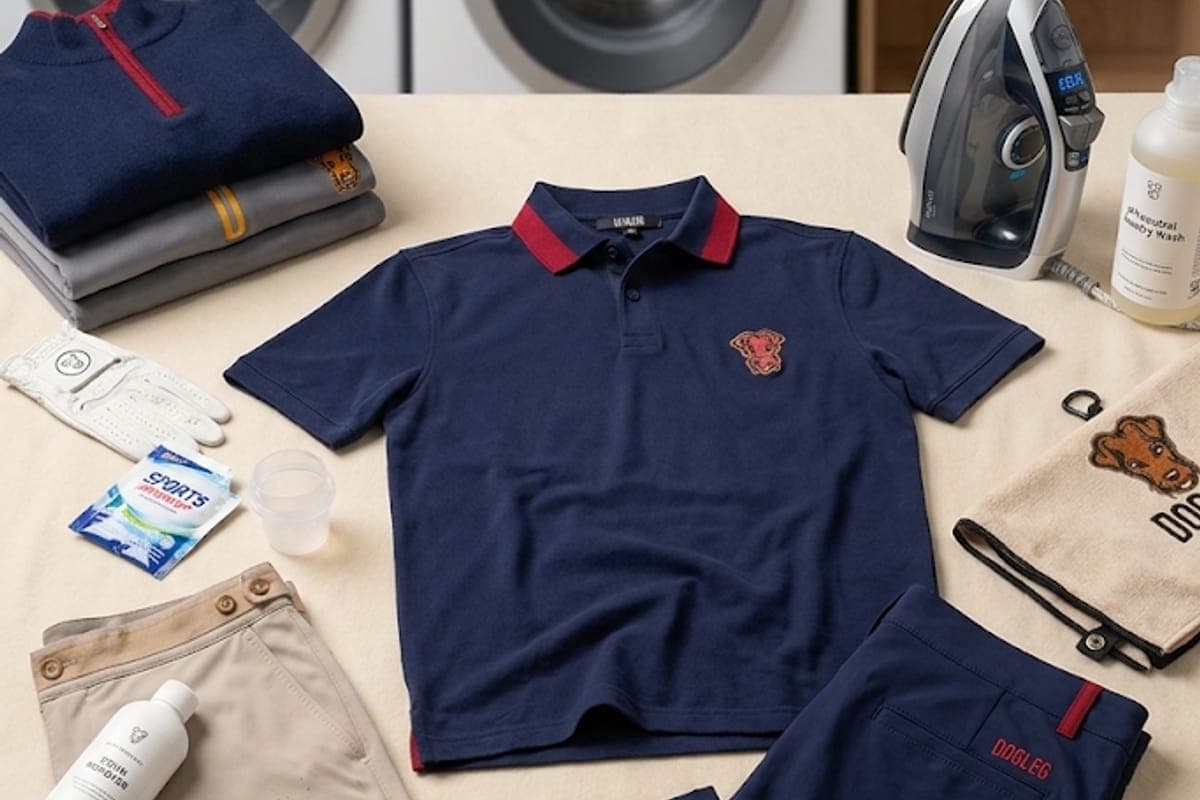 Dogleg-Golfkleidung flach ausgelegt vor einer Waschmaschine