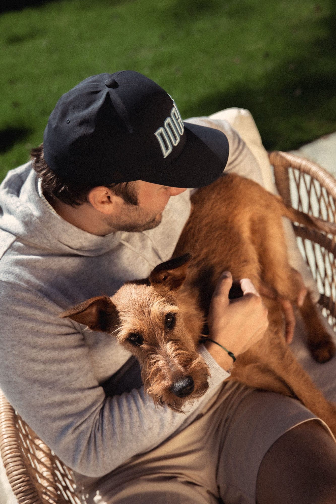 A Dogleg founder and his Irish terrier