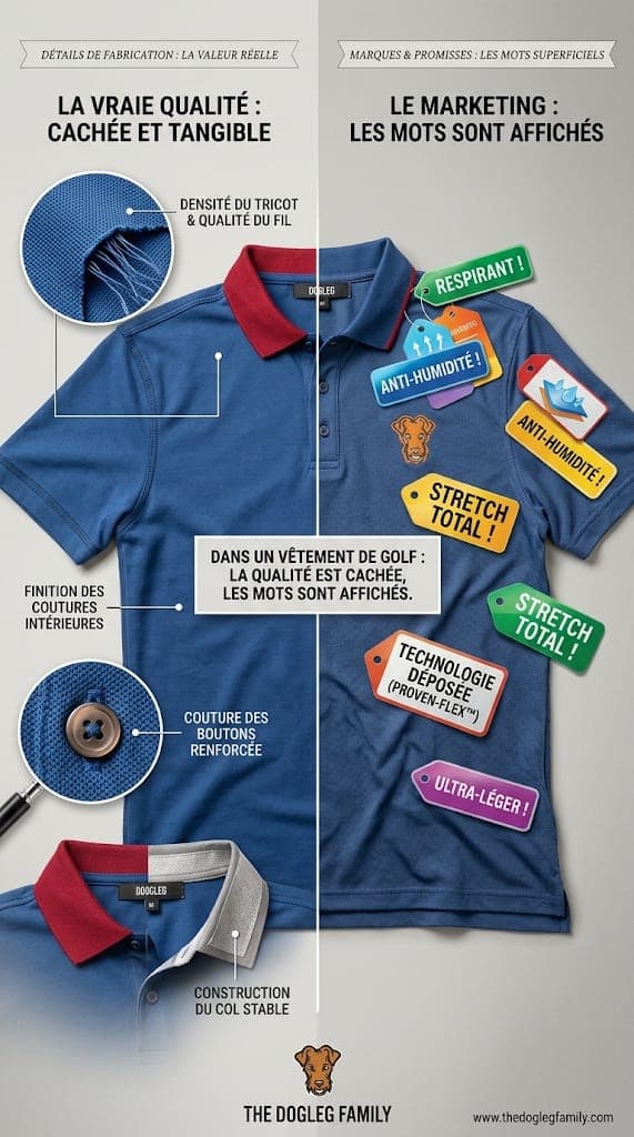 Infografik: auf der einen Seite die echte Qualität eines Polos — Dichte des Gestricks, Innennähte, verstärkte Knöpfe, formstabiler Kragen —, auf der anderen die als Etiketten aufgeklebten Marketingversprechen