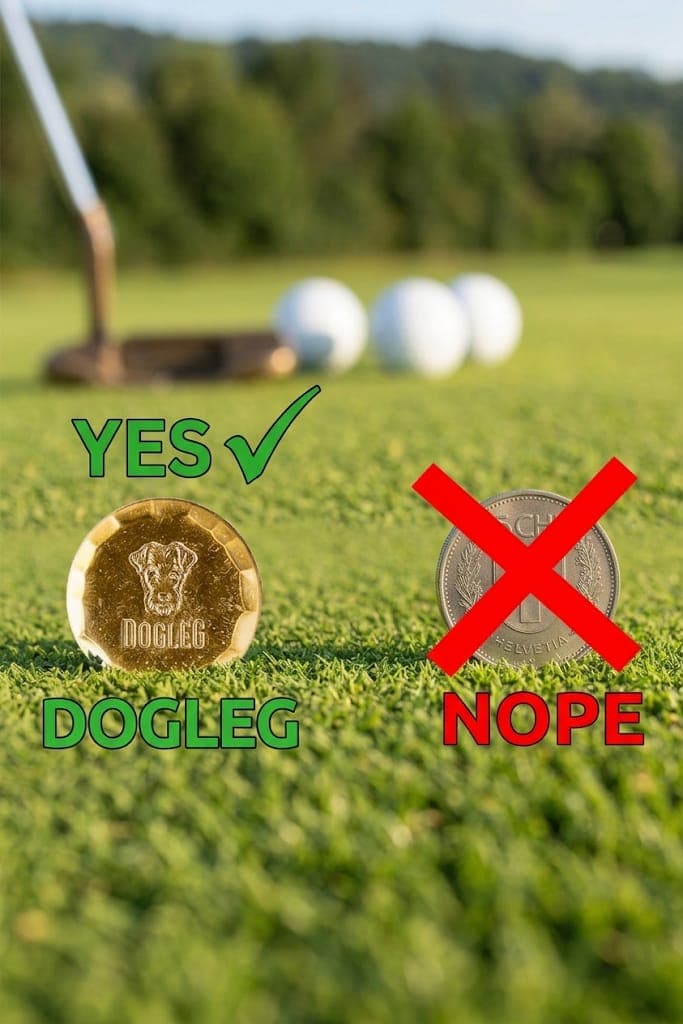 Infografica: il segnapalla Dogleg, piatto e stabile sul green, contrapposto a una moneta barrata da una croce