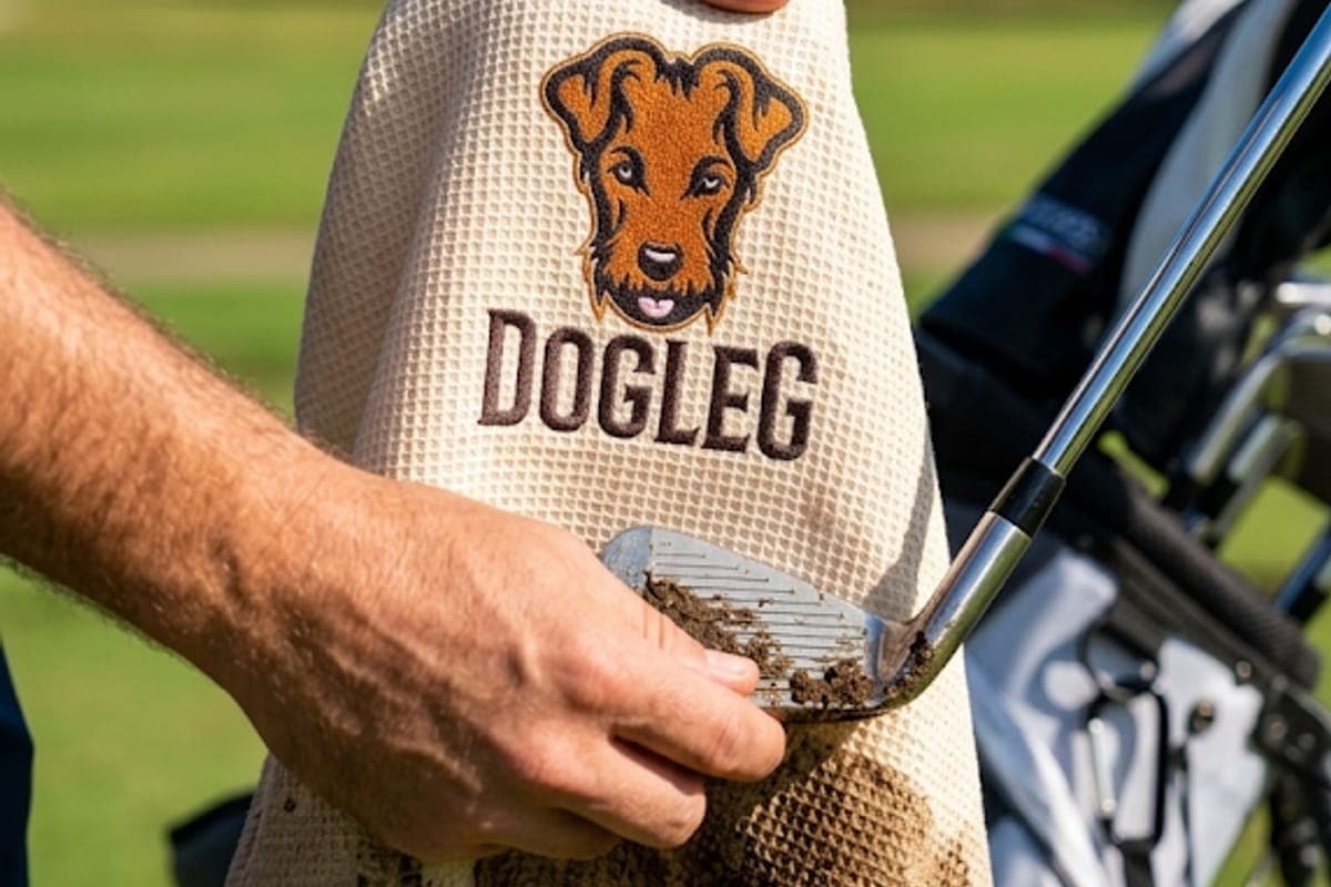 Asciugamano da golf Dogleg usato per pulire la faccia di un ferro