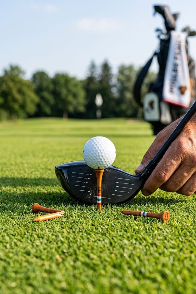 Balle posée sur un tee Dogleg devant la face d’un driver, avec d’autres tees dans l’herbe
