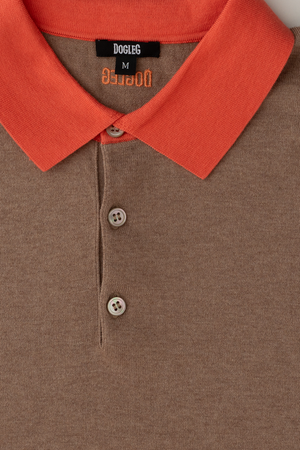 Dogleg cashmere polo men beige coral collar detail cotton silk cashmere blend premium golf polo