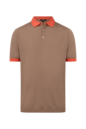 Dogleg cashmere polo men beige with coral collar front view cotton silk cashmere blend premium golf polo