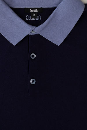 Dogleg cashmere polo men navy light blue collar detail cotton silk cashmere blend premium golf polo