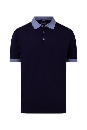 Dogleg cashmere polo men navy with light blue collar front view cotton silk cashmere blend premium golf polo