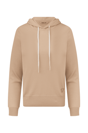 Dogleg Clubhouse Hoodie women beige front view cashmere blend lightweight premium hoodie