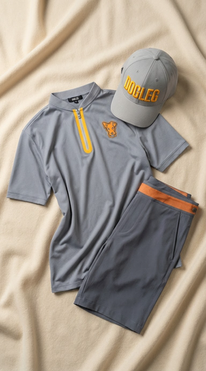 Flat lay Dogleg — tenue de golf orange et gris, style Swiss golf