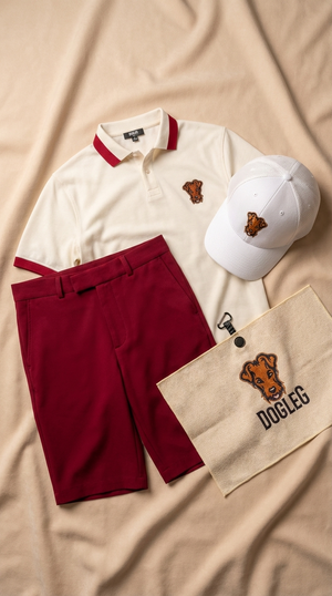 Flat lay Dogleg — tenue de golf crème et rouge, polo et accessoires, style Swiss golf