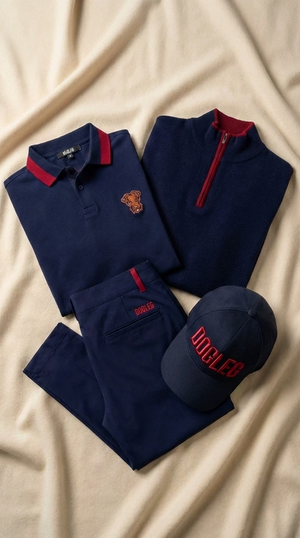 Flat lay Dogleg — tenue de golf navy et rouge, pantalon et accessoires, style Swiss golf