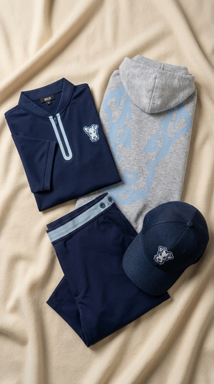 Flat lay Dogleg Work Hard — tenue de golf bleue, style Swiss golf