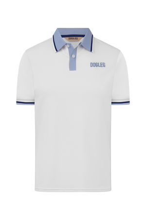 Dogleg Tour Polo boys white blue front view lightweight breathable golf polo