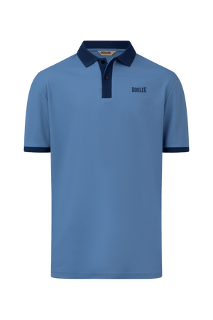 Dogleg Tour Polo men blue with navy collar front view breathable lightweight golf polo