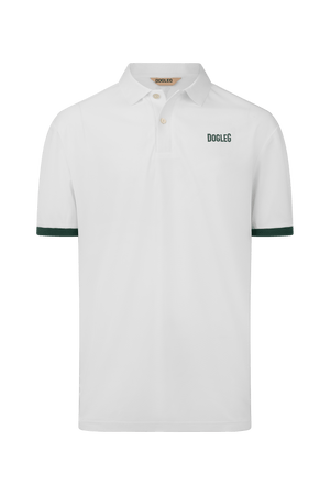Dogleg Tour Polo men white with green collar front view breathable lightweight golf polo