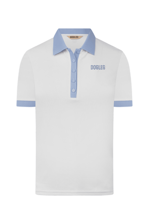 Dogleg Tour Polo women white blue front view breathable lightweight golf polo