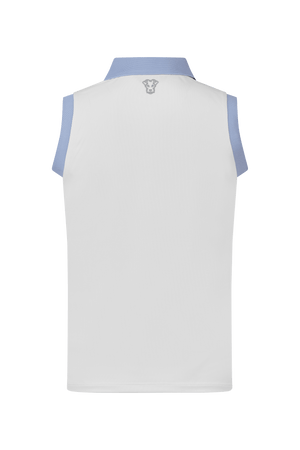 Dogleg Tour Sleeveless Polo women white with blue collar back view breathable lightweight sleeveless golf polo
