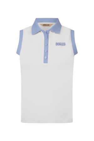 Dogleg Tour Sleeveless Polo women white with blue collar front view breathable lightweight sleeveless golf polo