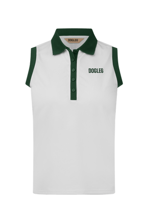 Dogleg Tour Sleeveless Polo women white with green collar front view breathable lightweight sleeveless golf polo