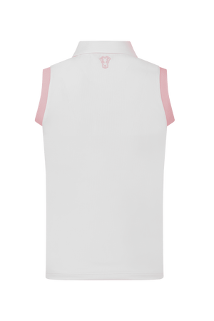 Dogleg Tour Sleeveless Polo women white with pink collar back view breathable lightweight sleeveless golf polo