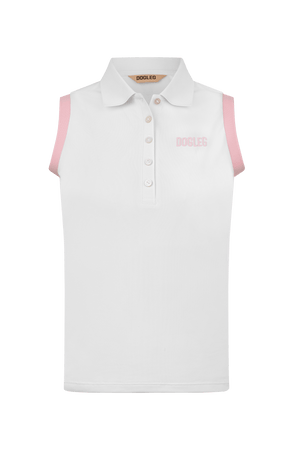 Dogleg Tour Sleeveless Polo women white with pink collar front view breathable lightweight sleeveless golf polo