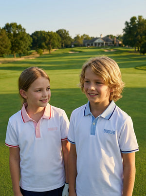 Polo de golf Dogleg Tour enfant porté sur le parcours — golf junior Suisse